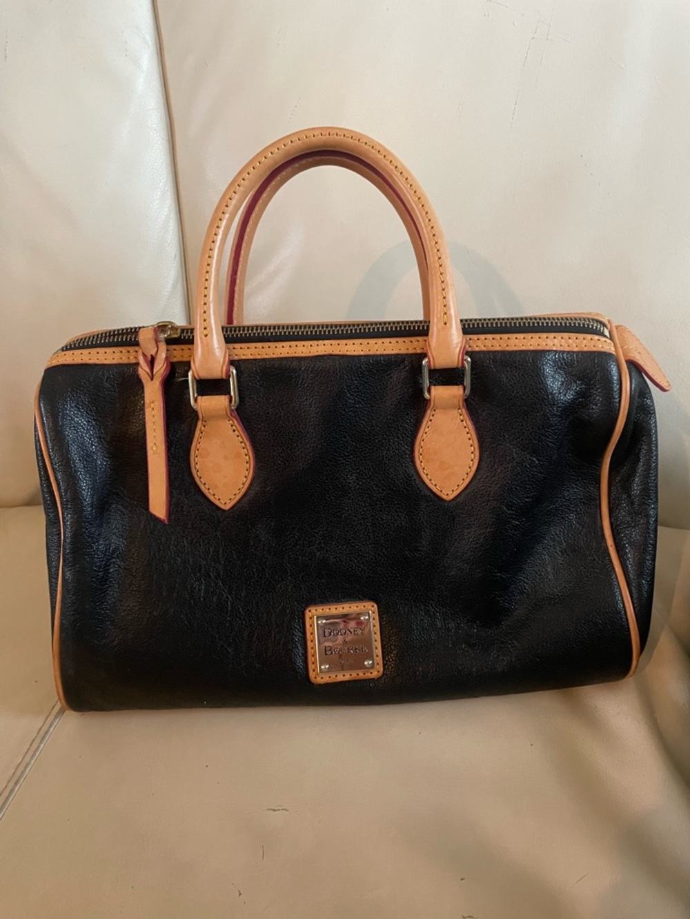 Dooney & Bourke Boston Black Leather Satchel with Tan Trim Pebble Grain Leather